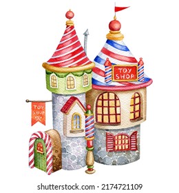 Watercolor Christmas Toy Shop, Winter House, Hand Painted Illustration