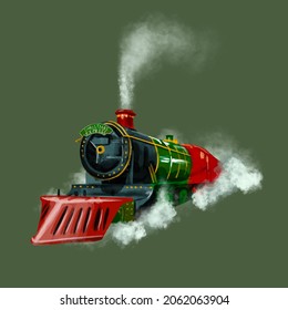 Watercolor Christmas train isolated on a green background