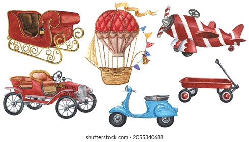 Watercolor Christmas Transport Clipart. Santa's Sleigh, Train, Retro Red Car, Scooter, Red Wagon, Airplane Illustrations. Gifts Clip Art. Perfect for Christmas card, invitations, stickers.