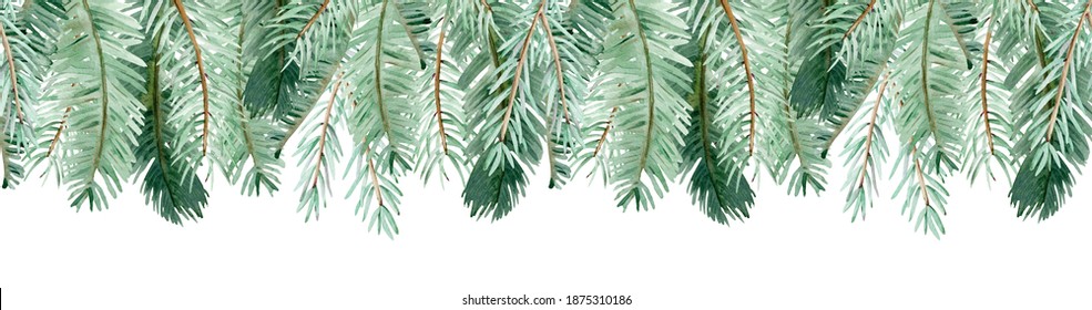 Watercolor Christmas Tree Border Isolated On The White Background. Green Pine Branch Header. Hand-drawn New Year's Illustration.