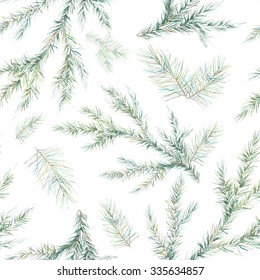 Watercolor Christmas Tree Branches Seamless Pattern. Hand Painted Texture With Fir-needle Natural Elements Isolated On White Background. Winter Wallpaper