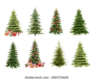 Watercolor Christmas Tree, Decorative Christmas Ornament, Art Illustration Painted With Watercolors Isolated On White Background