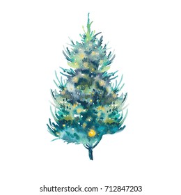 Watercolor Christmas tree. Hand drawn holiday object isolated on white background. Winter illustration
