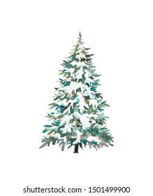 Watercolor Christmas Tree. Holiday Card With Snow Covered Tree Isolated On White Background. 