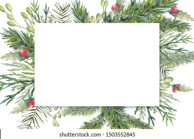 Watercolor Christmas Tree, Holly And Mistletoe Border. Hand Painted Vintage Frame With Branches, Berries And Leaves Isolated On White Background. Traditional Evergreen Frame