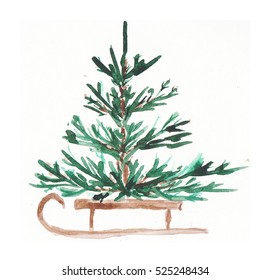 Watercolor Christmas tree on a sled