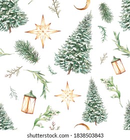 Watercolor Christmas Tree Seamless Pattern. Holiday Wallpaper Design With Snow Covered Trees, Decor, Spruce Branches On White Background. 