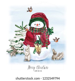 Watercolor Christmas Tree with snowman, bunny, lamp and gift. Holiday Decoration Print Design Template. Handdrawn card with text - Merry christmas and happy new year. 