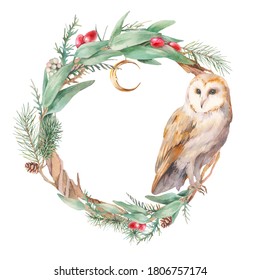 Watercolor Christmas Tree Wreath With Owl. Hand Painted Boho Chic Frame Isolated On White Background. Merry Christmas Card