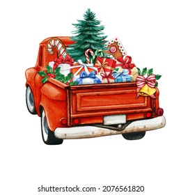 watercolor christmas truck full gifts