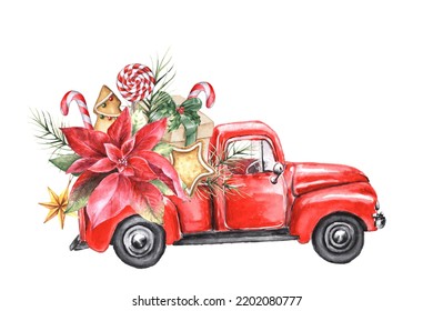 Watercolor Christmas Truck With Gifts