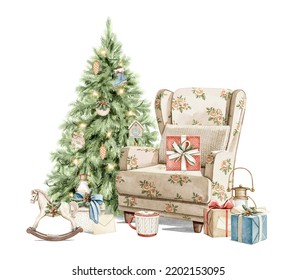 Watercolor Christmas vintage composition with Christmas tree, armchair and many box with gifts and toy isolated on white background. Hand drawn illustration sketch - Powered by Shutterstock