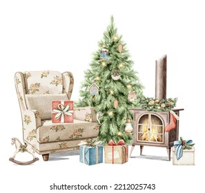 Watercolor Christmas vintage composition with Christmas tree, burning stove, armchair and many box with gifts and toy isolated on white background. Hand drawn illustration sketch - Powered by Shutterstock