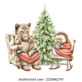 Watercolor Christmas vintage family and boar  little piglets   hedgehog in clothes reading book fairy tale near Christmas tree isolated white background  Hand drawn illustration sketch