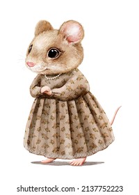 Watercolor Christmas Vintage Girl Mouse In Brown Dress Clothes Isolated On White Background. Hand Drawn Illustration Sketch