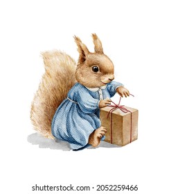 Watercolor Christmas Vintage Girl Squirrel In Blue Dress Clothes Sit And Holding Holiday Gift Box Isolated On White Background. Hand Drawn Illustration Sketch