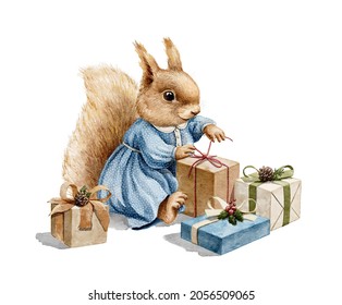 Watercolor Christmas Vintage Girl Squirrel In Blue Dress Clothes Sit And Holding Holiday Gift Boxes Isolated On White Background. Hand Drawn Illustration Sketch