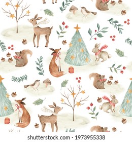 Watercolor Christmas woodland animals for winter holidays seamless pattern tile with white background 