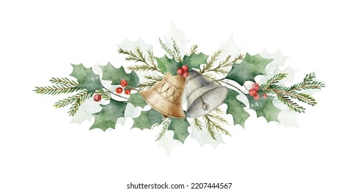 Watercolor Christmas wreath and bells   fir branches  Holiday decor for postcard  cover  flyer  cards design  New year invitations  wedding   Isolated white background 
