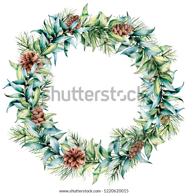 ユーカリと松の球果を持つ水彩クリスマスリース 白い背景に手描きのモミの縁と円錐 クリスマスツリー ユーカリの葉 デザイン用のホリデー用花柄のイラスト のイラスト素材