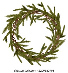 Watercolor Christmas Wreath With Evergreen Fir Branches Isolated On White Background. Winter Greenery Border Frame Illustration. Round Template With Spruce Tree Twigs For Cards, Xmas Design