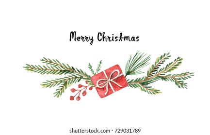 Watercolor Christmas wreath with fir branches and place for text. Illustration for greeting cards and invitations isolated on white background.