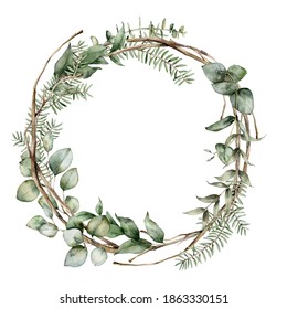 Watercolor Christmas Wreath With Fir, Eucalyptus And Dry Branches. Hand Painted Holiday Frame With Plants Isolated On White Background. Floral Illustration For Design, Print, Fabric Or Background.