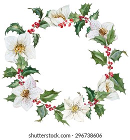 Watercolor Christmas Wreath Flowers Hellebore Holly Stock Illustration ...