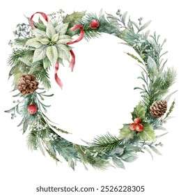 Watercolor Christmas wreath or frame with white poinsettia flower, pine cones, red berries, mistletoe leaves.	 - Powered by Shutterstock