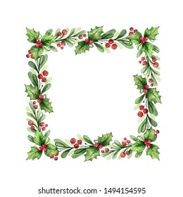 Watercolor Christmas wreath with green branches and red berries. Illustration for greeting floral postcard and invitations isolated on white background.