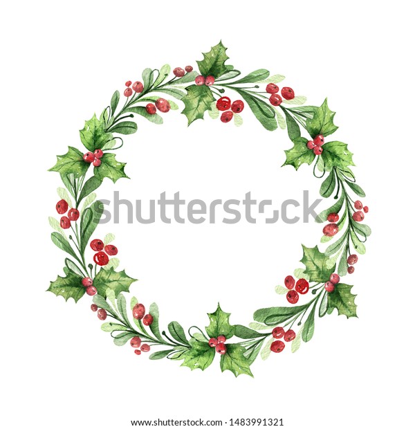 Watercolor Christmas Wreath Green Branches Red Stock Illustration ...