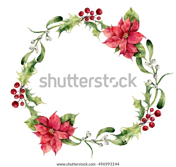 水彩のクリスマスリースは ヒイラギ ヤドリギ 指先立ちの花で飾られます 白い背景に手描きのクリスマス花柄の境界 デザイン用植物イラスト のイラスト素材