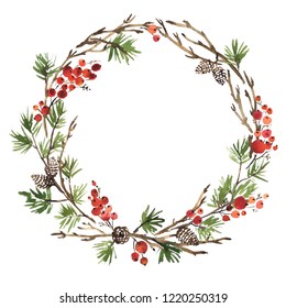 Watercolor Christmas Wreath Of Spruce, Pine Cones And Holly Berries