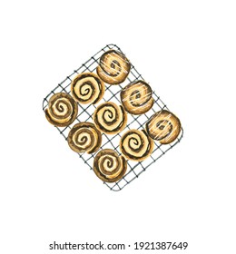 Watercolor Cinnamons On Baking Sheet. Hand Drawn Sweet Desserts Illustration For Food Blog, Bakery Logo, Menu And Other.