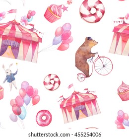 Watercolor Circus Seamless Pattern. Hand Drawn Texture With Air Balloons, Sweet Donuts, Party Cupcakes And Cartoon Animals: Bear On Bicycle And White Rabbit With Magic Wand. Carnival Wallpaper Design