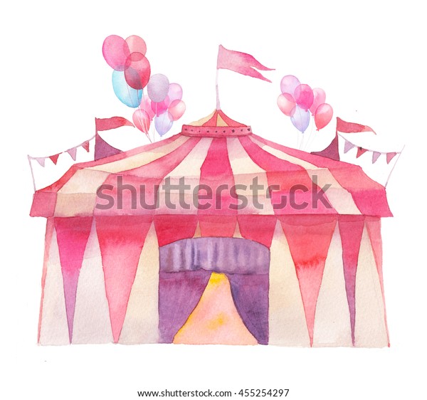 白い背景に水彩のサーカステントと国旗 花柄 パーティー風船 手描きのフェアイラスト のイラスト素材