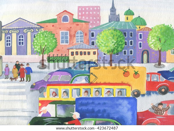 watercolor - city street and cars,\
children\'s\
illustration