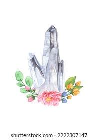 Watercolor Clear Quartz Crystals With Floral Elements Isolated On White Background.