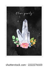 Watercolor Clear Quartz With Floral Elements Isolated On Black Background.