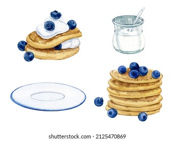 Watercolor Clip Art. Pancakes With Blueberries And Sour Cream. Pancakes, Plate, Sour Cream In A Saucepan, Blueberries. Pancake Day.