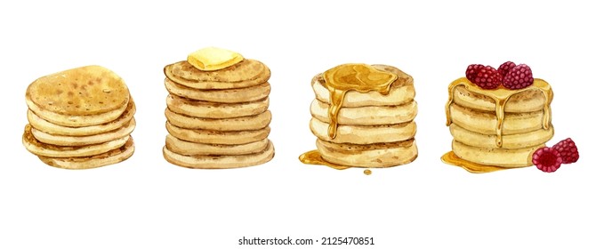 Watercolor clip art. Pancakes with different types of topping. Honey, raspberries, butter. Pancake Day. - Powered by Shutterstock