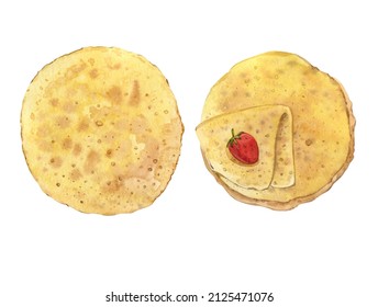 Watercolor clip art. Round thin pancakes. Crepe with strawberries. Pancake Day. - Powered by Shutterstock