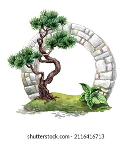 watercolor clip art, zen garden design element, round stone gate arch and bonsai tree. Spiritual nature landscape, isolated on white background