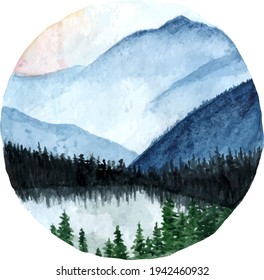 Watercolor Clipart Camping Landscape In A Circle. Hand Draw Lake, Forest And Mountains