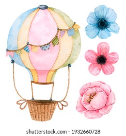 Watercolor clipart cute balloon elements and basket  pink peony   anemones  Suitable for drawing up designs as supplement
