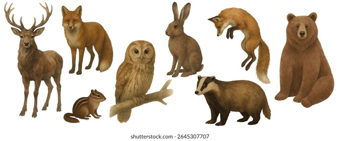 Акварель клипарт лесные животные PNG. Акварель олень, лиса, медведь, заяц, барсук, бурундук для дизайна.