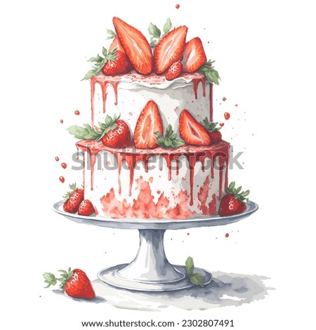 Watercolor Clipart, Watercolor illustration, Watercolor Painting, Strawberry Cake