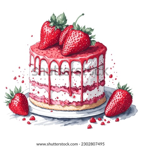 Watercolor Clipart, Watercolor illustration, Watercolor Painting, Strawberry Cake