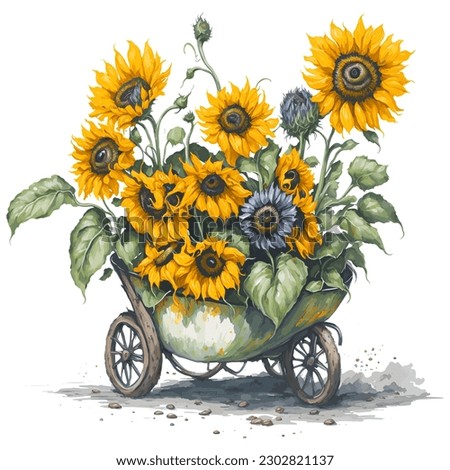 Watercolor Clipart, Watercolor illustration, Watercolor Painting, Sunflowers in a wheelbarrow 