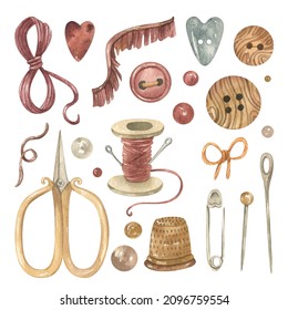 Watercolor clipart on the theme of cozy sewing: thread rolls, fringed braid, vintage scissors, sewing needles, wooden buttons, spools of thread, pin, thimble, various beads. Symbols for design